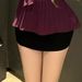 Purely Sensual Style Women's Outfit: Ruffled Purple V-neck Sleeveless Chiffon Blouse And Stylish Black Shorts Two-piece_ecoleips.com