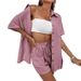 Women's Casual Loose Shirt Set Single Breasted Solid Color Two Piece Shorts Outfit Short Sleeved Fashion Spot Goods_ecoleips.com