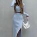 Women's Clothing Ribbed Knit Long-Sleeve T-Shirt & High-Slit Bodycon Skirt Set – Streetwear Essentials (S-L, Black/Blue/Tan)_ecoleips.com