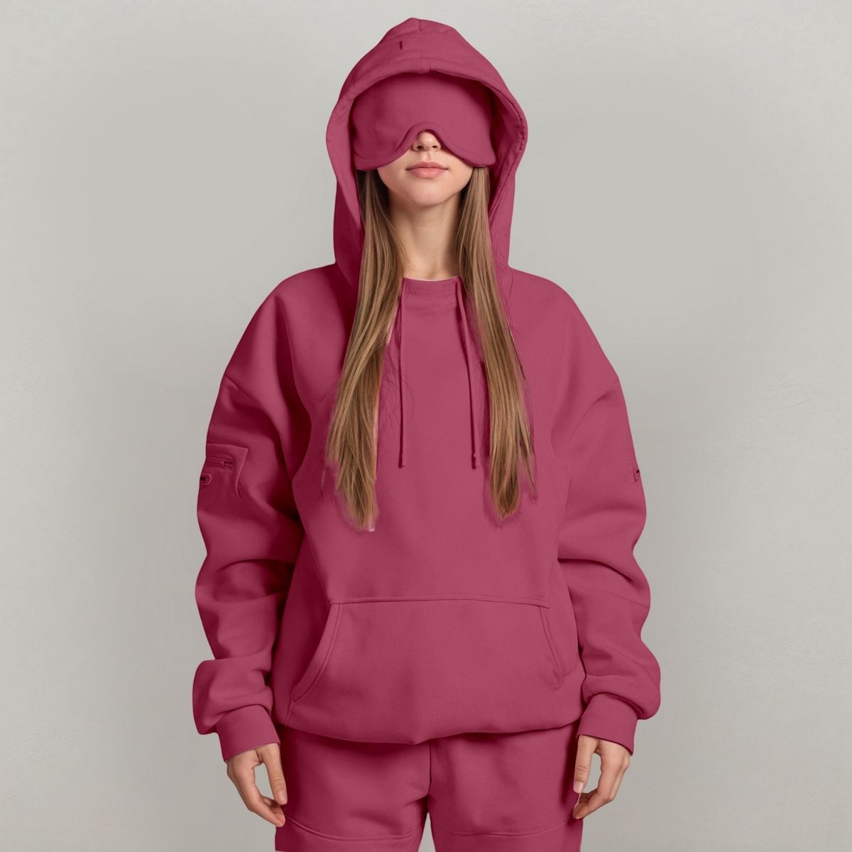 Women's Casual Hoodie & Pants Set - Cozy Loungewear Two-Piece Outfit With Eye Mask, Soft Polyester, Oversized Fit, Solid Colors_ecoleips.com