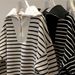 American-style Striped Half-zip Polo Collar Sweatshirt Women, Thin Korean-style Loose Fit, Fleece-lined Thickened,_ecoleips.com