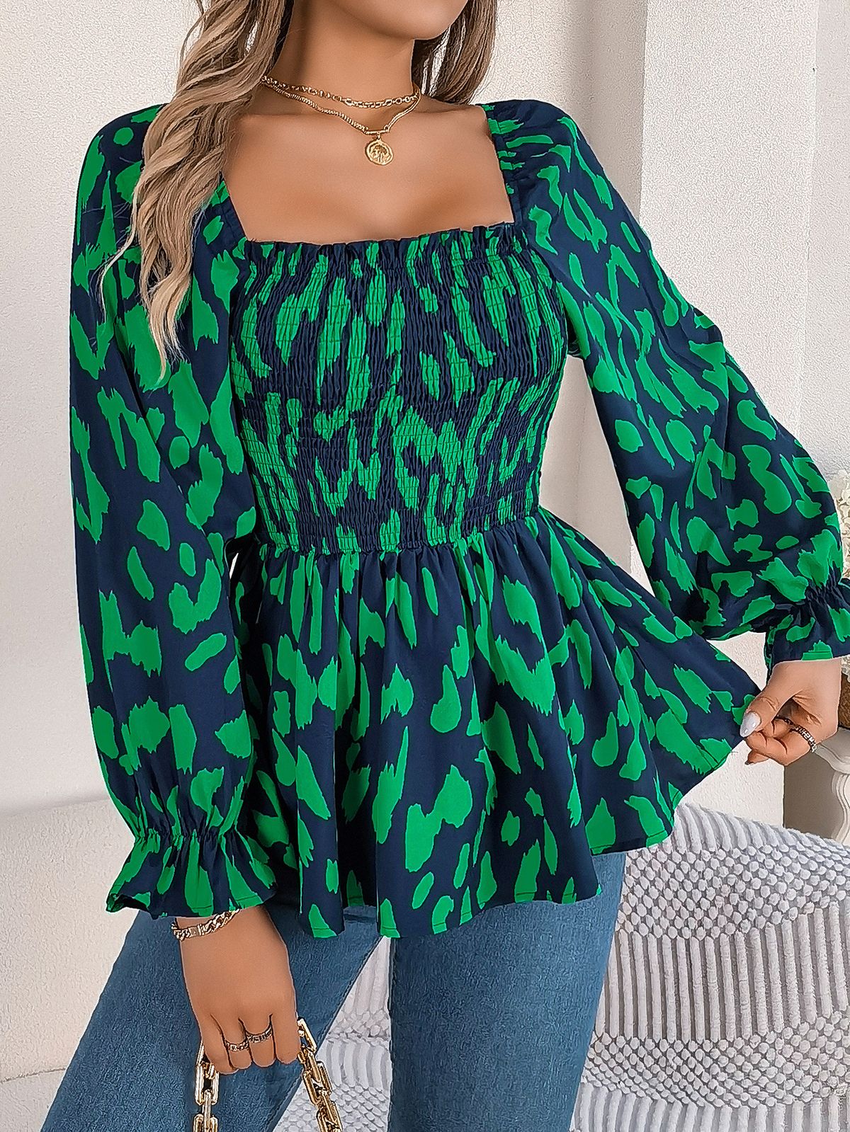 Real Shot Of 2026 Spring/Summer European And American Casual Ruffled Square-neck Leopard Print Long-sleeve Chiffon_ecoleips.com