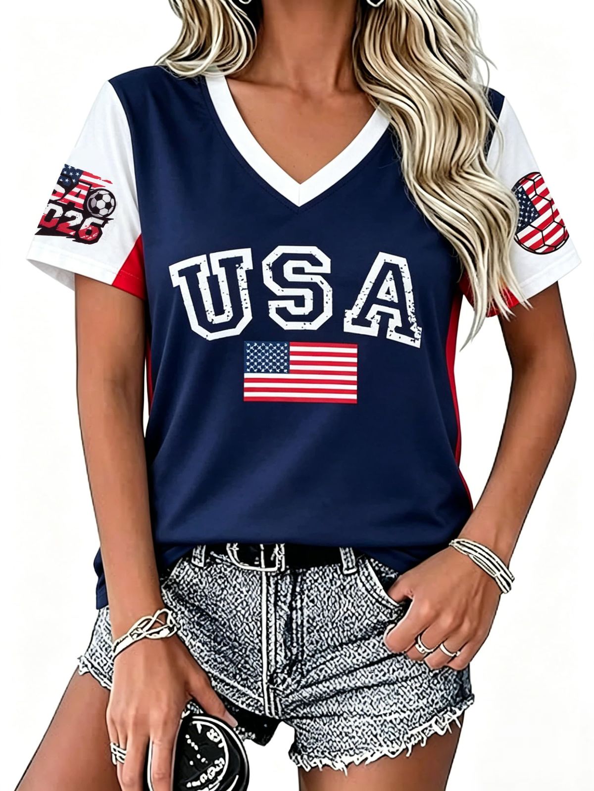 Soccer Shirt 2026 Women USA Soccer Jersey Game Day T-Shirt Funny Soccer Graphic Y2k V Neck Short Sleeve Tops_ecoleips.com