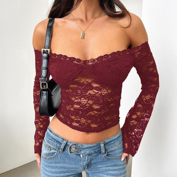 Autumn Cross Border European And American Women's Clothing New Fashion Sexy Hot Girl Slim Lace One Line Long Sleeved Short Top_ecoleips.com