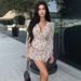 Verve 2025 Summer New Mid-Flower Print Deep V Puff Sleeve High-Waist Ruffle Dress_ecoleips.com