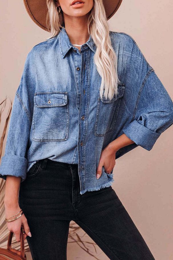 Women's Clothing Spring New Retro Loose Denim Shirt Drop Shoulder Blue Large Pocket Shirt_ecoleips.com