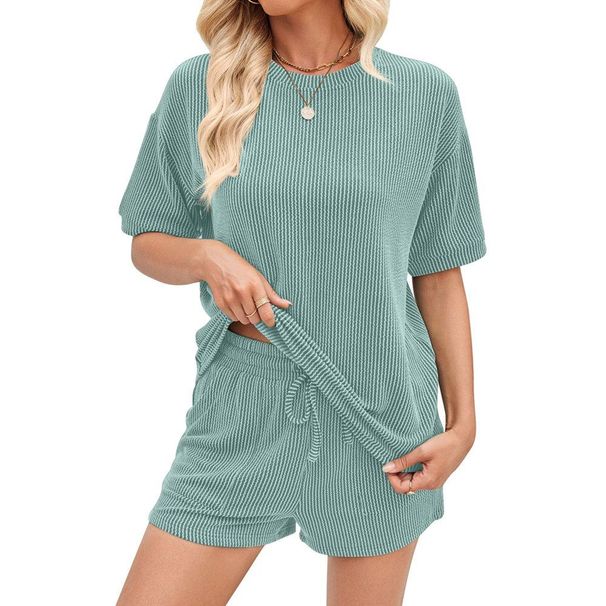 Women's Two Piece Set Short Sleeved Wavy Round Neck Top With Elastic Waist Shorts_ecoleips.com