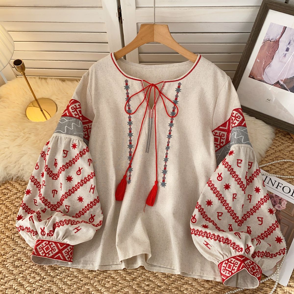 Vintage Ethnic Style Women's Blouse Heavy Embroidery round Neck Tie Lantern Sleeve Loose Fit Versatile Slimming Top_ecoleips.com