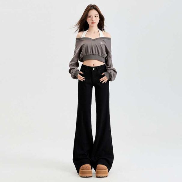 Light Blue Flared Jeans For Women, Low-waisted Slimming Floor-length Pants, Black And White Wholesale_ecoleips.com