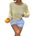Chic Striped Short Top For Women, Comfortable Knit Long Sleeve Cropped Blouse, Casual Relaxed Fit Pullover_ecoleips.com