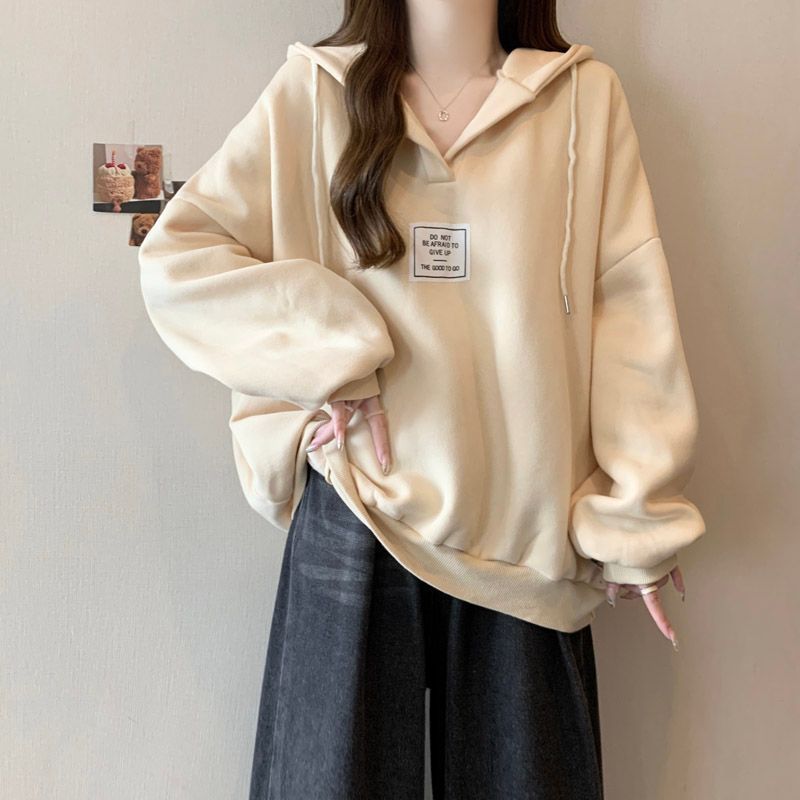 Korean-style Real-shot New V-neck Hooded Sweatshirt For Women, Thin, Korean Version, Loose Fit, Plus Size, Casual_ecoleips.com