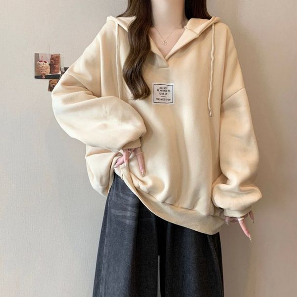 Korean-style Real-shot New V-neck Hooded Sweatshirt For Women, Thin, Korean Version, Loose Fit, Plus Size, Casual_ecoleips.com