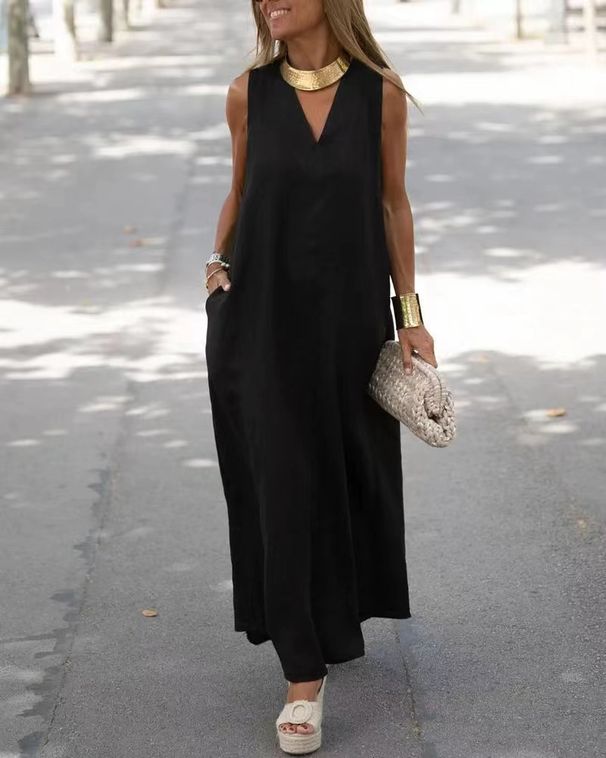 Spring/Summer Style: Long-Sleeved, Deep V-Neck White Cotton-Linen Dress In A Large Size_ecoleips.com
