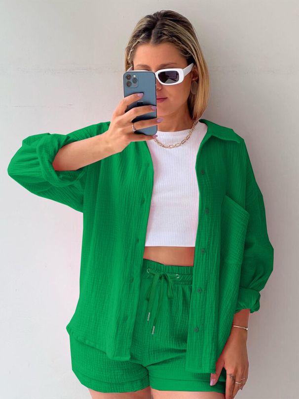 Women's Clothing Two Piece Suit Wrinkled Lapel Long Sleeved Shirt High Waist Drawstring Shorts_ecoleips.com